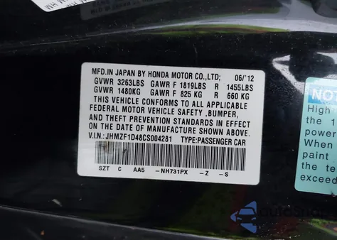 2012 Honda Cr-Z z USA, uszkodzony, nr VIN JHMZF1D48CS004281